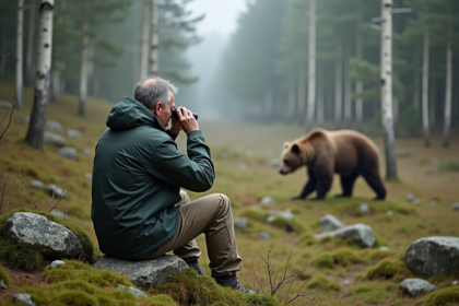 Homme observant un ours brun dans la forêt norvégienne