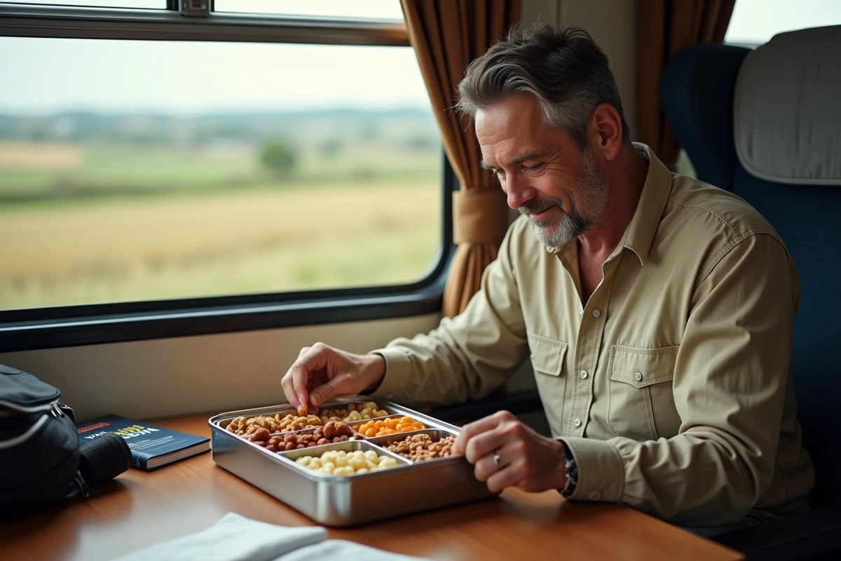 Homme organisant une boîte à lunch dans un compartiment de train