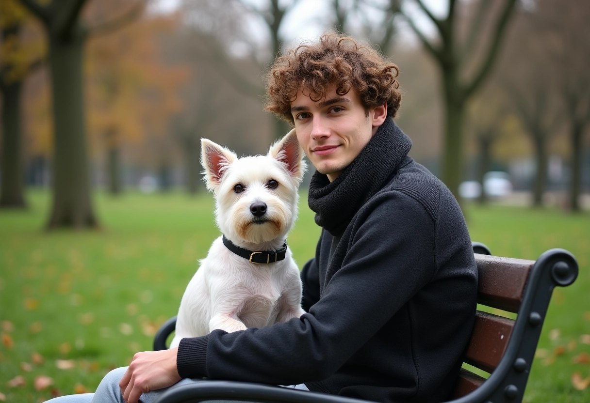 Jeune homme avec chien dans le parc Dragerpark