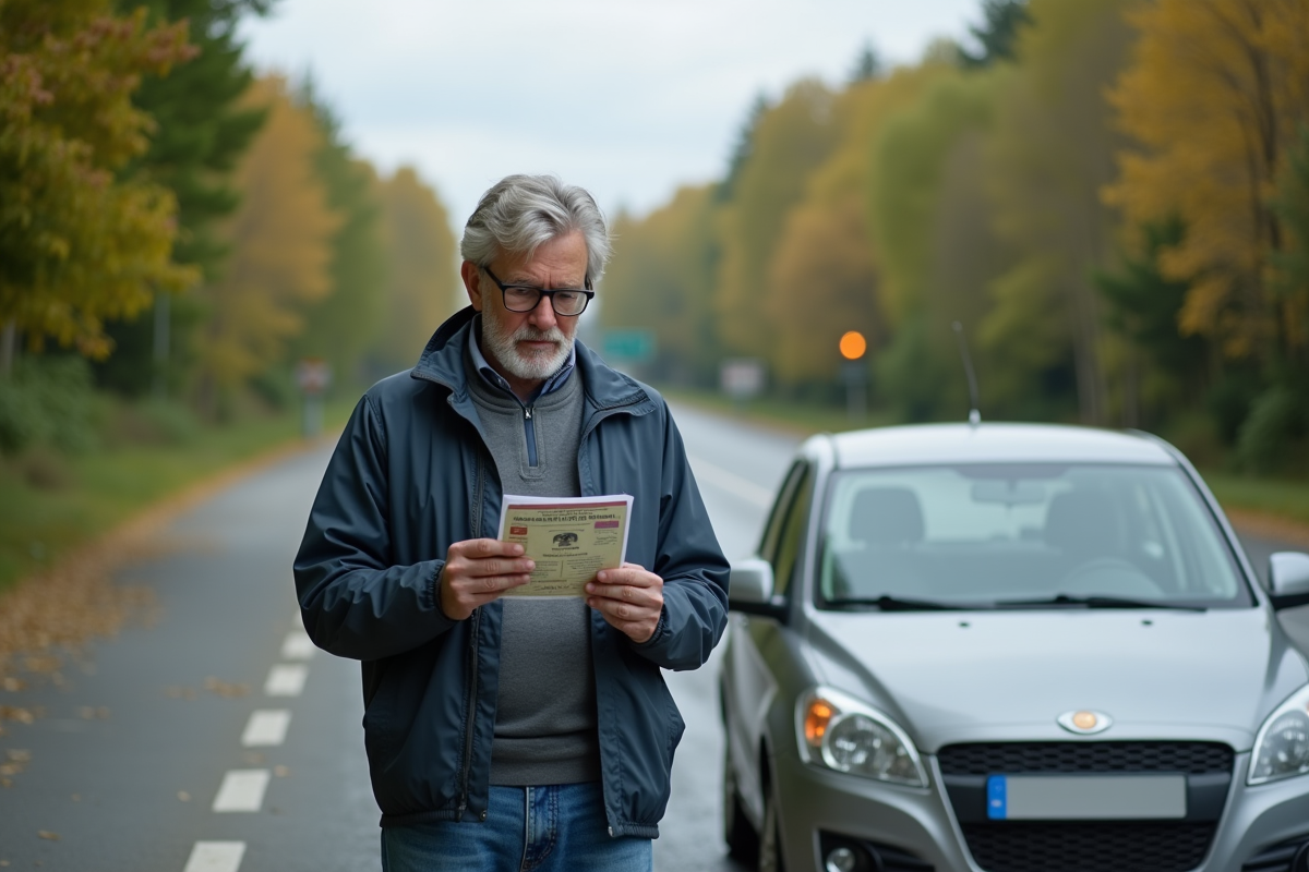 Homme regardant son permis de conduire à côté de sa voiture