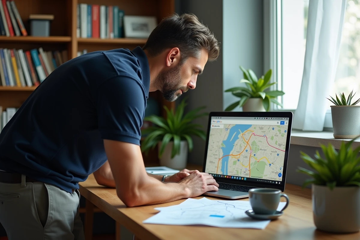 Homme préparant un itinéraire de vacances à pied sur Google Maps depuis son bureau à domicile