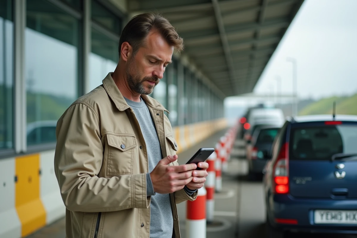 Un homme vérifie son téléphone sur le quai d'embarquement de l'Eurotunnel au terminal de Folkestone avant la traversée