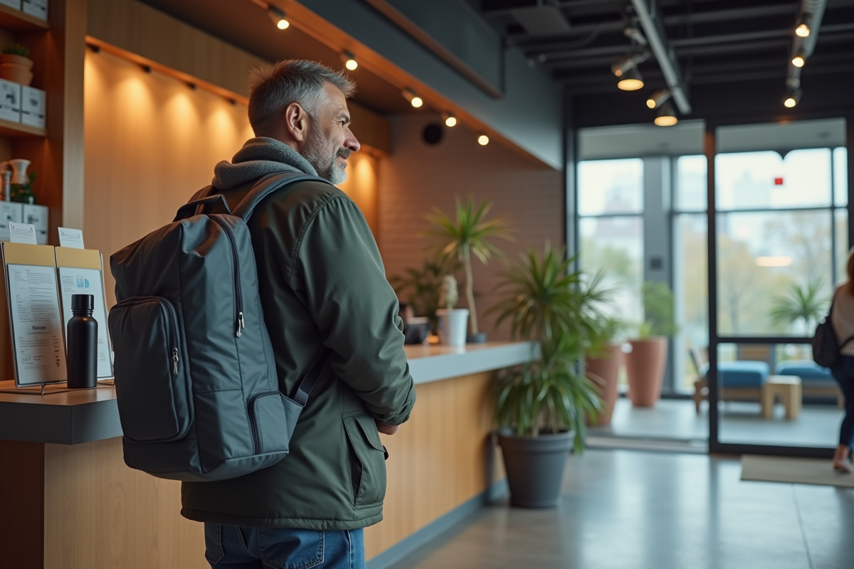 Homme d age moyen au reception d une auberge moderne