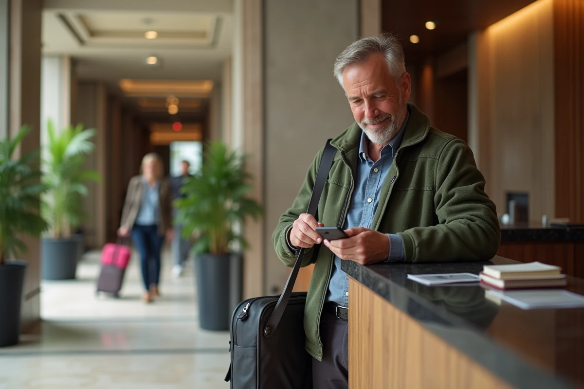 Homme avec sac de voyage vérifiant son téléphone à la réception