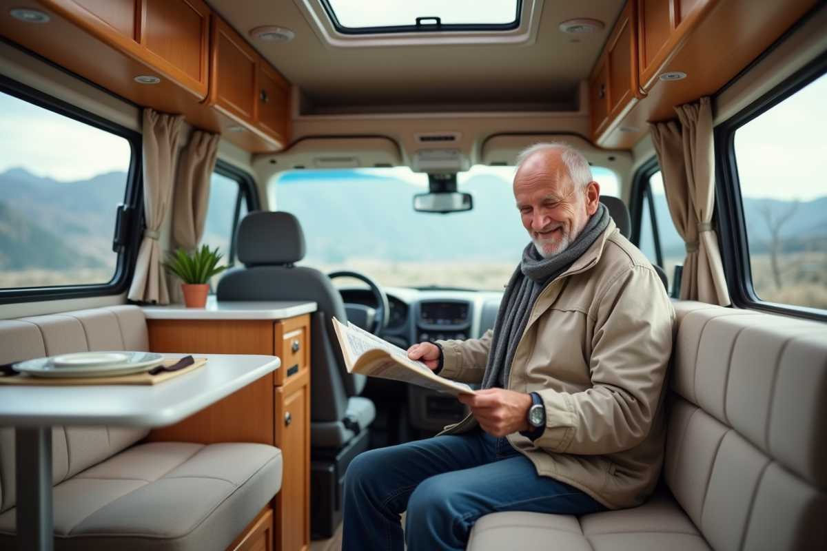 Homme âgé lisant dans un van de voyage confortable