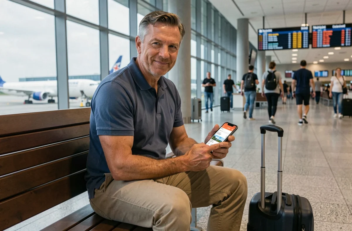 Homme vérifiant des offres voyage de dernière minute sur smartphone dans un aéroport avant son départ