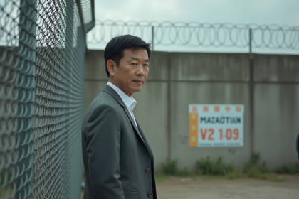 Homme d'âge moyen devant une barrière urbaine austère