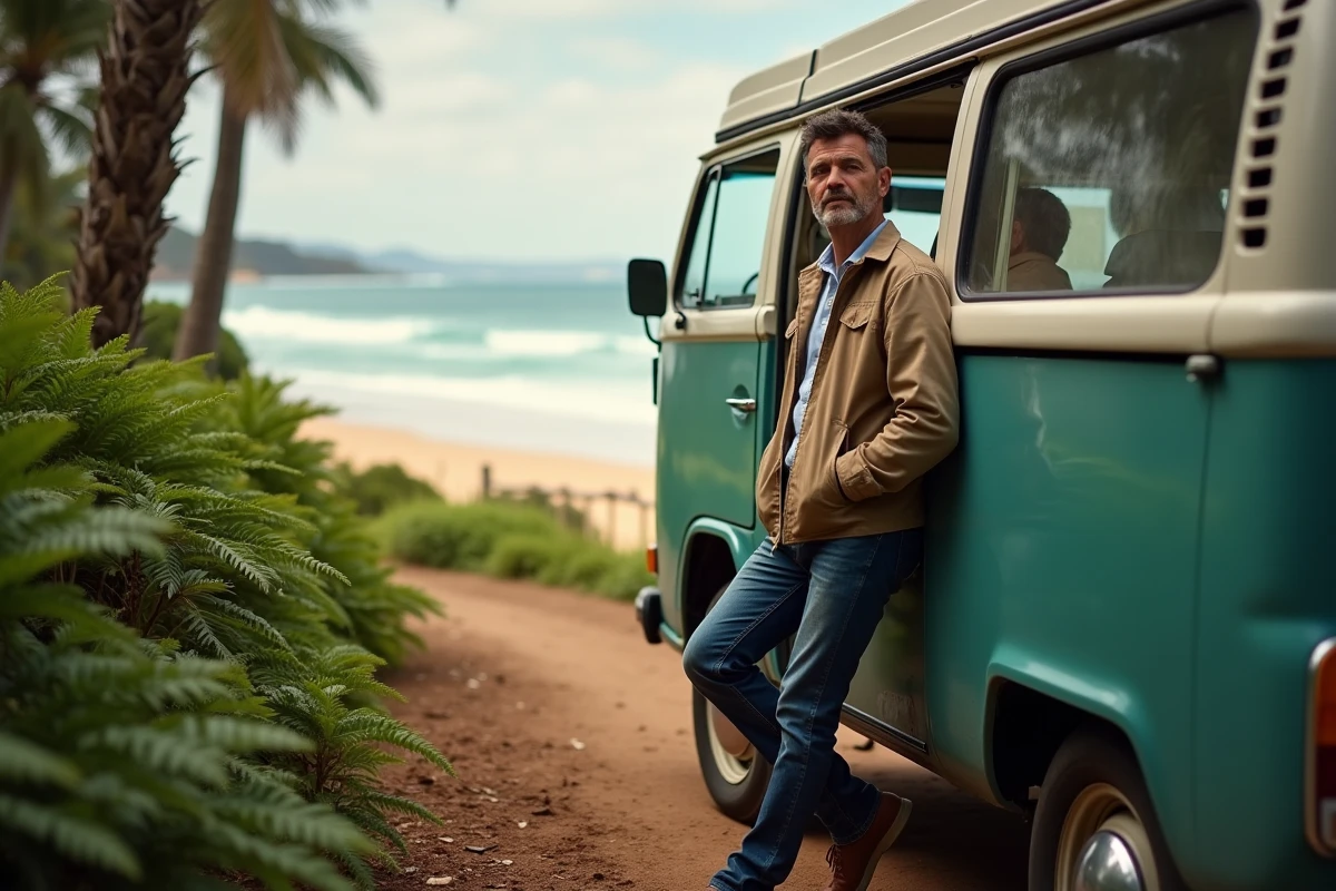 Homme devant un van près de la forêt tropicale australienne