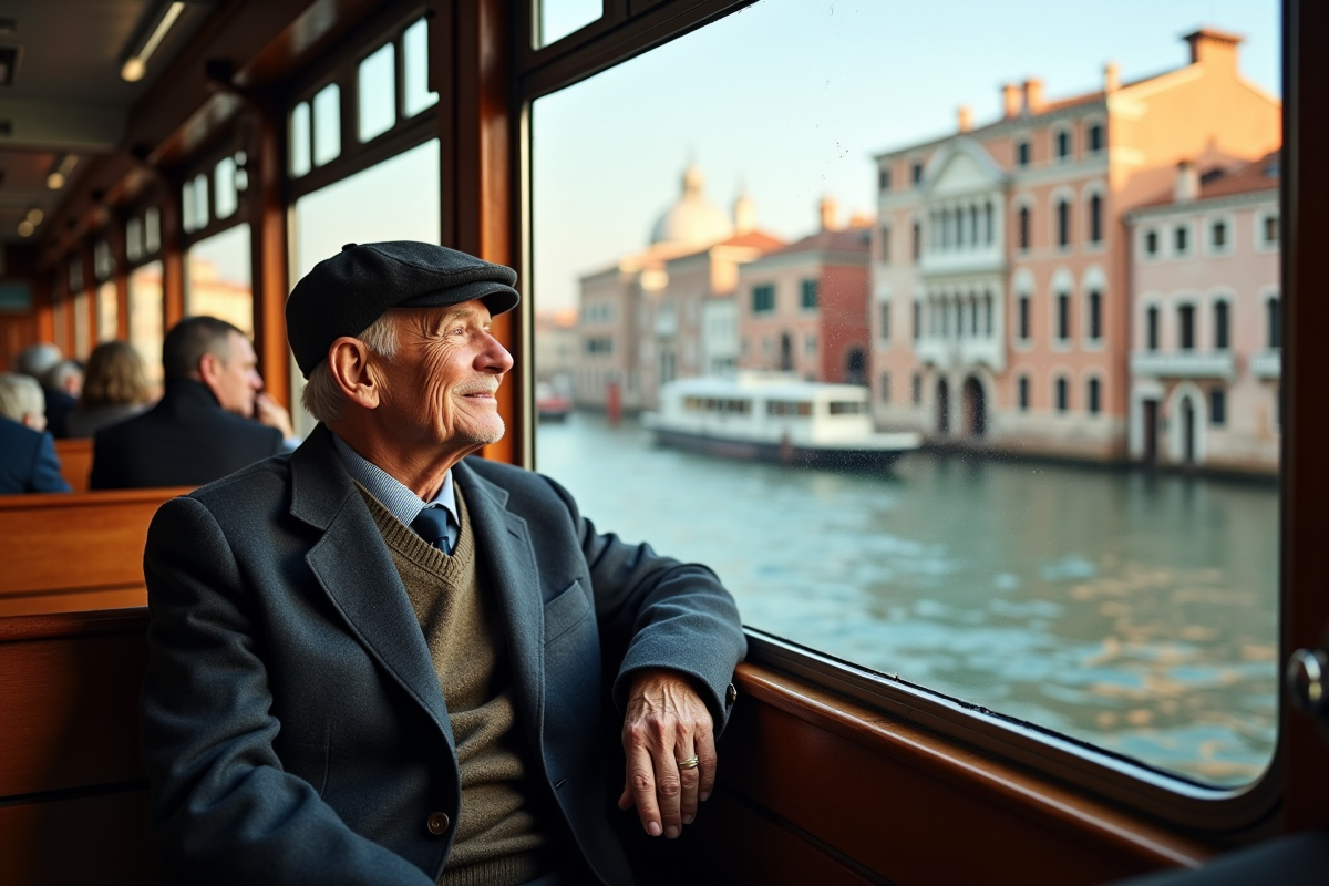 Homme âgé regardant par la fenêtre du vaporetto à Venise