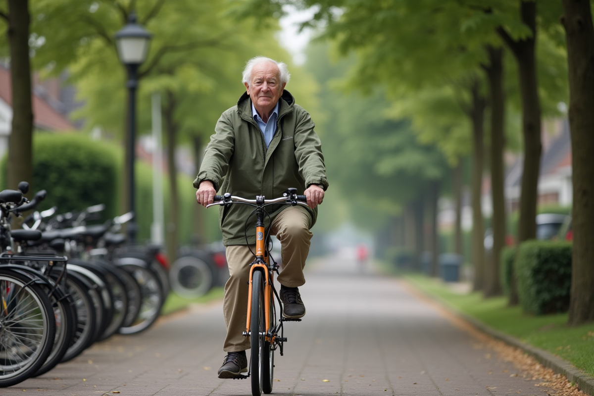 Homme âgé roulant à vélo dans un quartier résidentiel néerlandais