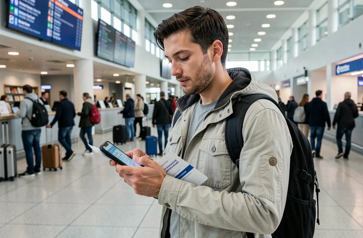 Homme vérifiant son assurance voyage sur son téléphone dans un aéroport avant le départ