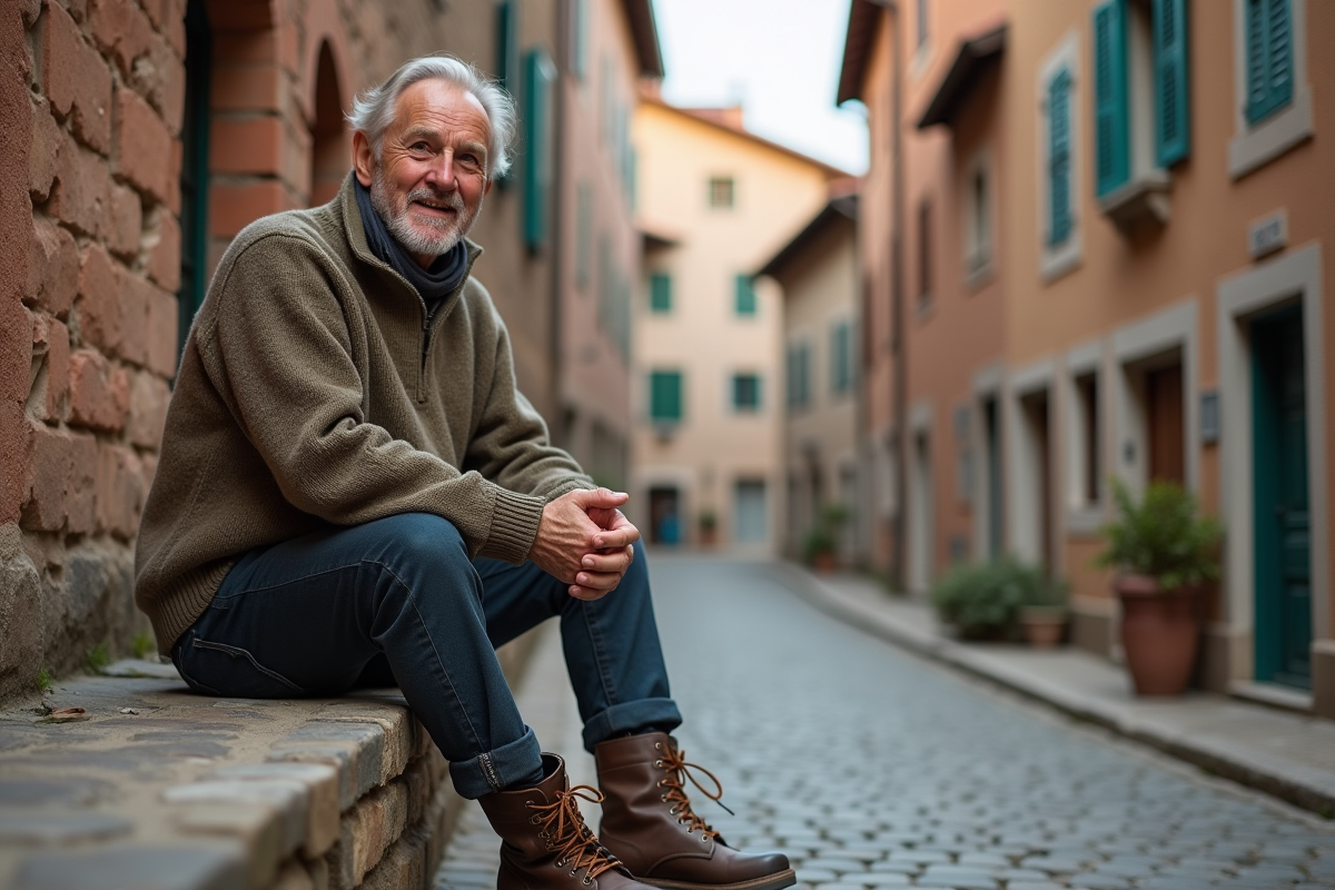 Homme souriant dans un village européen authentique