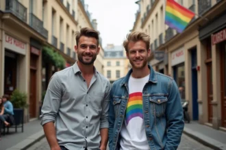 Deux hommes souriants devant l'entrée du Marais à Paris