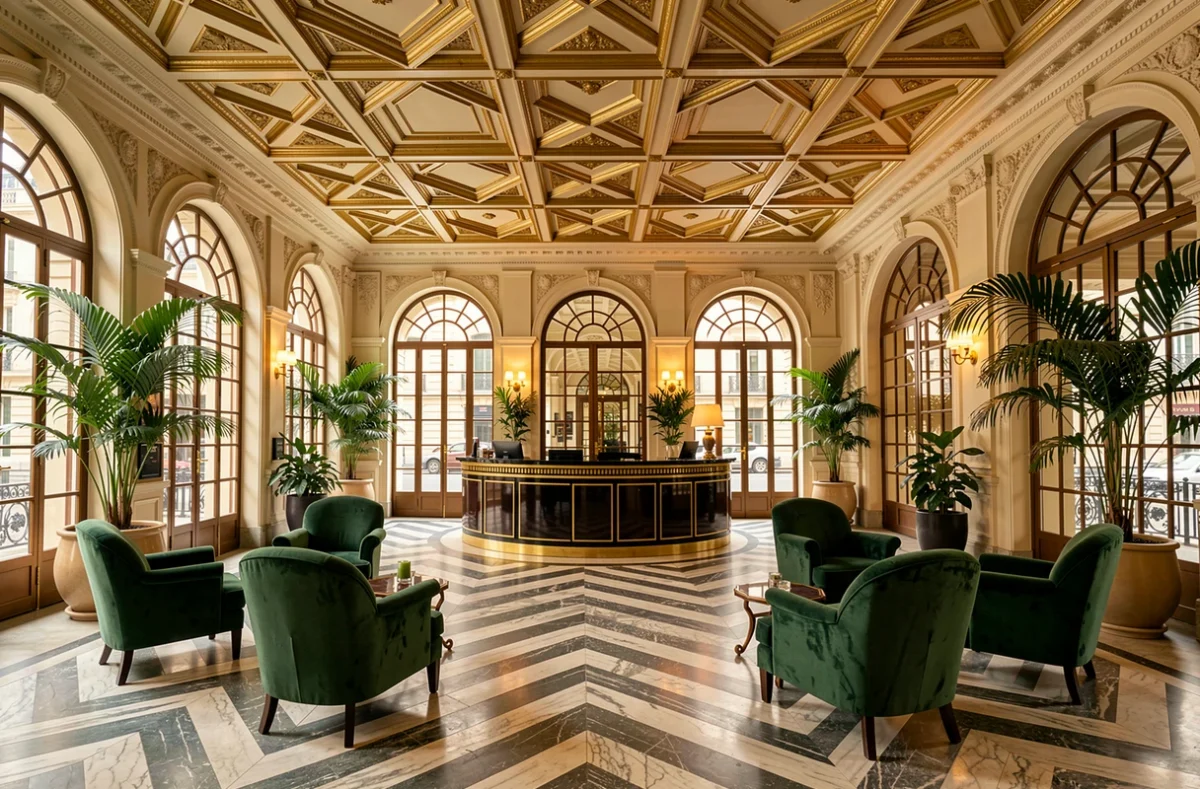 Hall Art déco de l'Hôtel du Collectionneur dans le 8e arrondissement avec plafond à caissons dorés et sol en marbre chevron