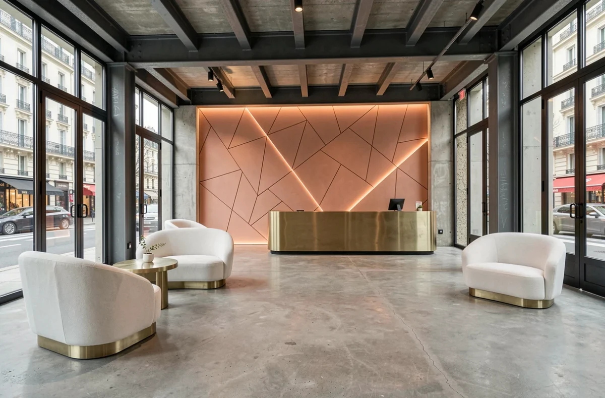 Hall design contemporain de l'Hôtel Le Cinq Codet dans le 7e arrondissement avec mobilier épuré et accents en laiton brossé