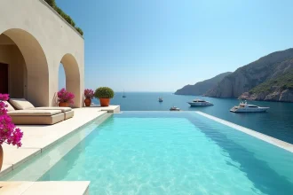 Terrasse avec piscine à débordement d'un hôtel de luxe à Porto Cervo avec vue sur la mer de Sardaigne