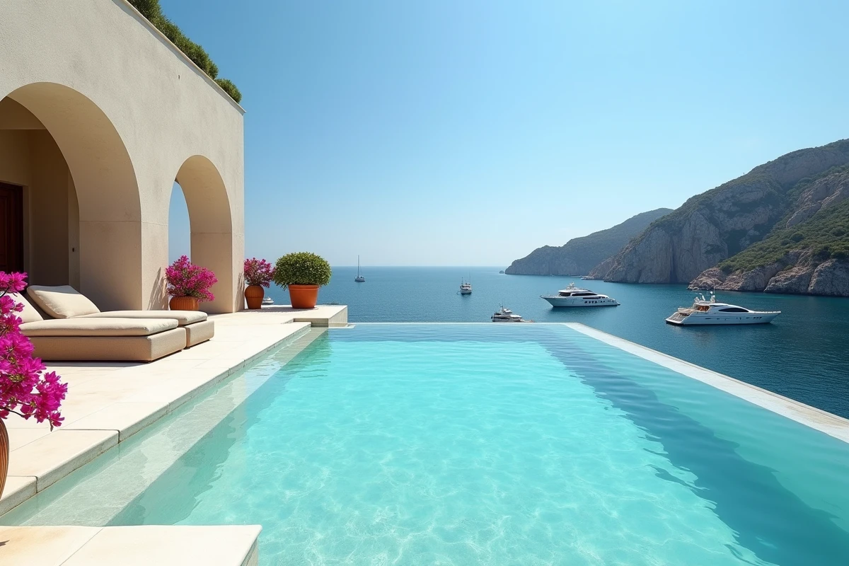 Terrasse avec piscine à débordement d'un hôtel de luxe à Porto Cervo avec vue sur la mer de Sardaigne