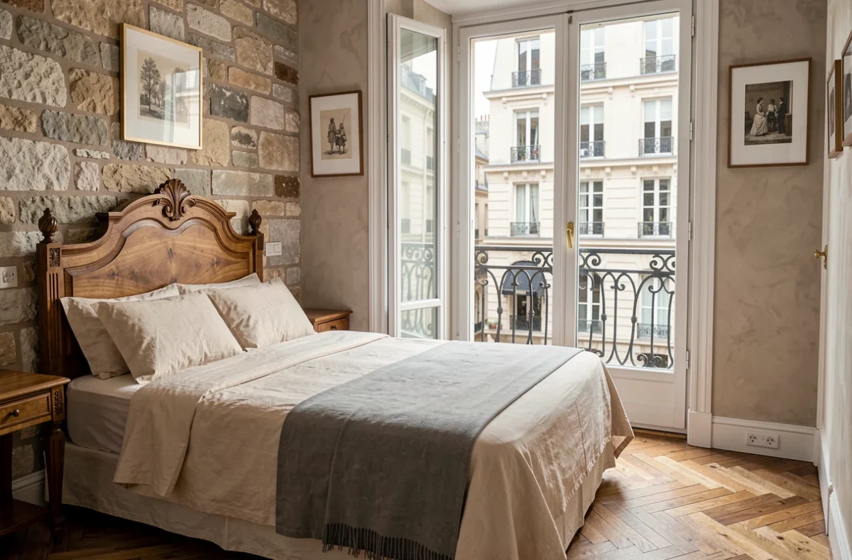 Chambre de l'Hôtel Montalembert côté Rive Gauche avec murs en pierre, parquet ancien et balconnet sur rue parisienne