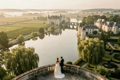 Vue panoramique romantique sur la vallée de la Loire avec châteaux et vignobles au coucher du soleil
