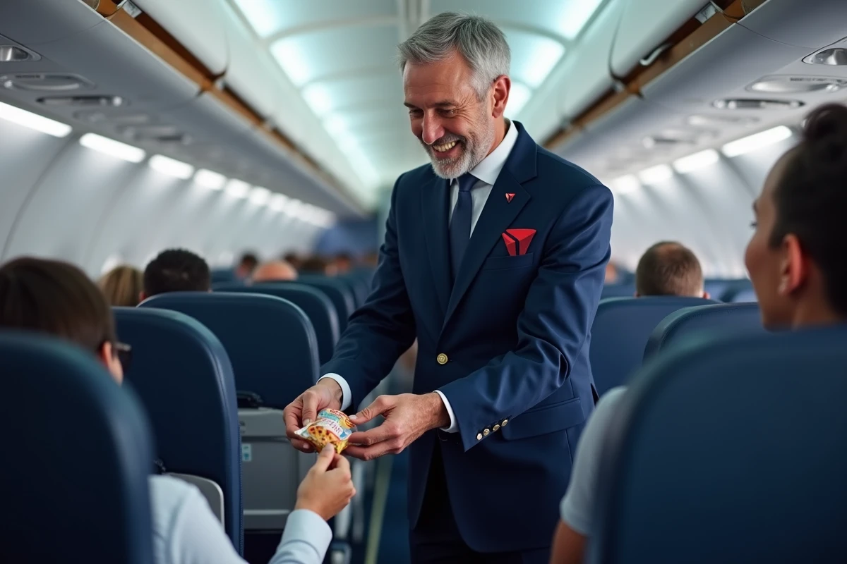Hôte de l'air Delta Airlines servant un passager dans la cabine d'un avion