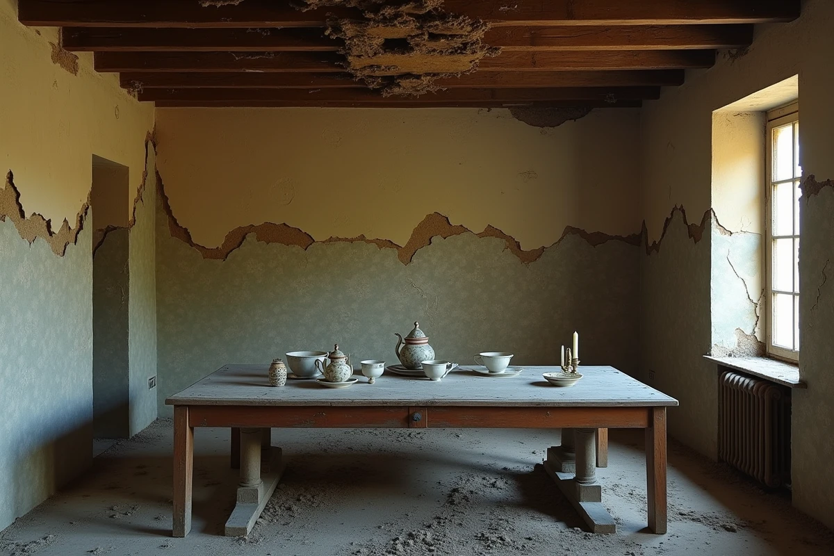 Intérieur abandonné d'une ferme française avec table dressée couverte de poussière, papier peint décollé et poutres de plafond exposées
