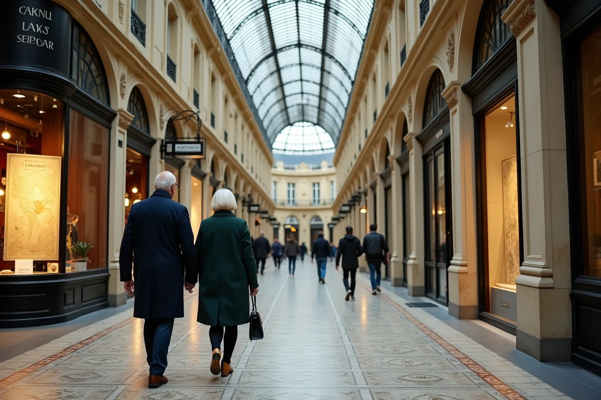 Vue intérieure du passage Vivienne à Paris avec sa verrière en verre et fer forgé et son sol en mosaïque