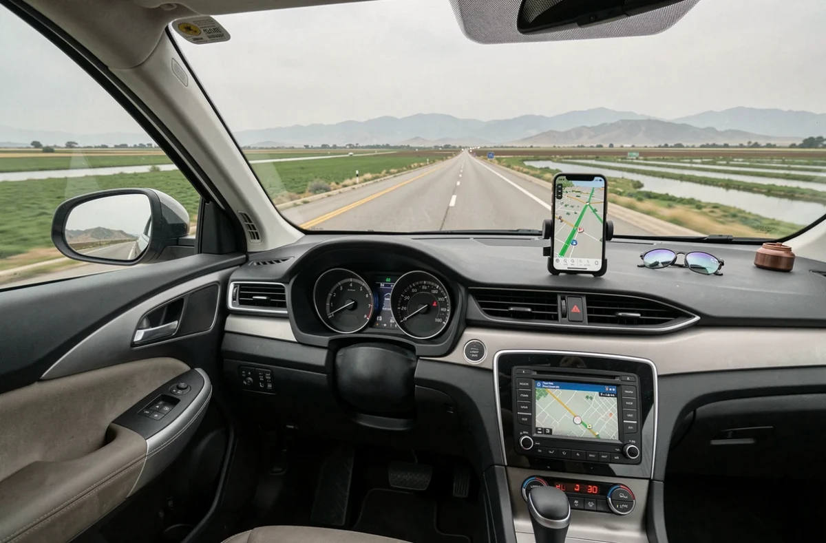 Intérieur de voiture sur l'Interstate 5 avec GPS actif pour le trajet Los Angeles San Francisco