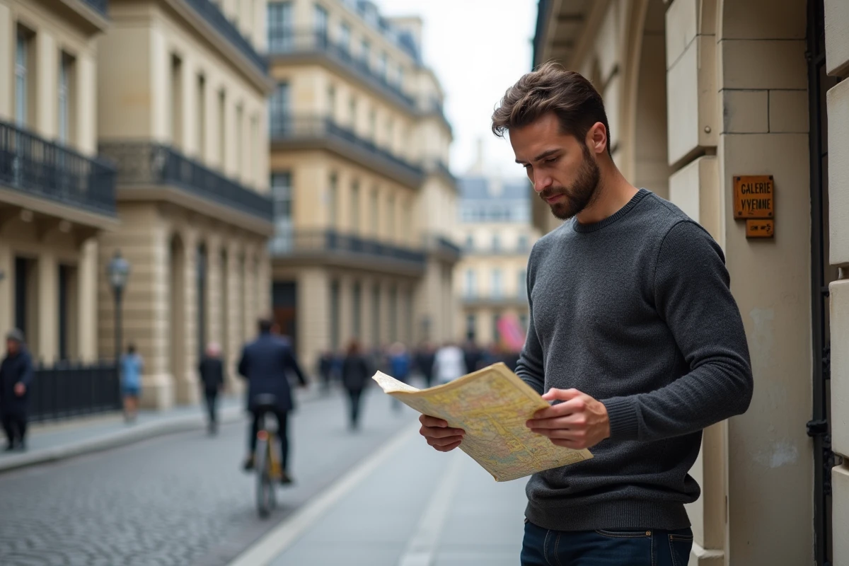 Voyageur consultant une carte rue des Petits Champs près du Louvre en direction du passage Vivienne