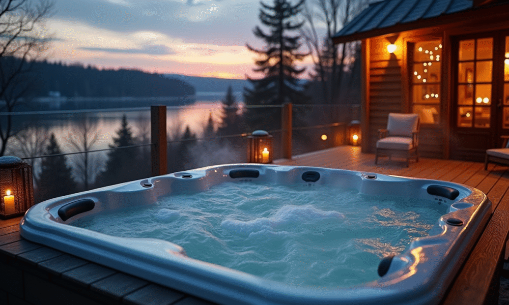 Jacuzzi privé en extérieur sur terrasse en bois au crépuscule