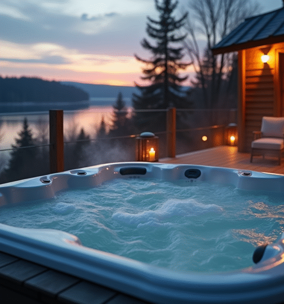 Jacuzzi privé en extérieur sur terrasse en bois au crépuscule