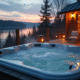 Jacuzzi privé en extérieur sur terrasse en bois au crépuscule