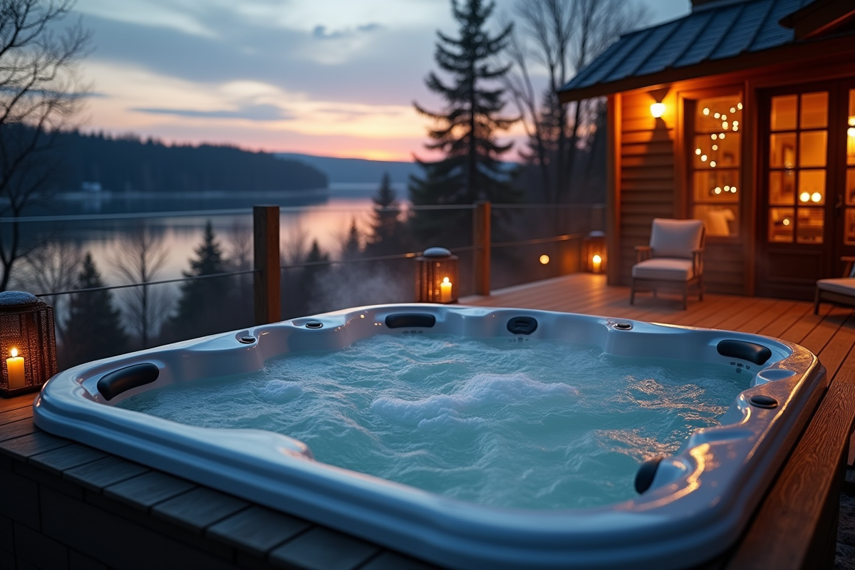Jacuzzi privé en extérieur sur terrasse en bois au crépuscule