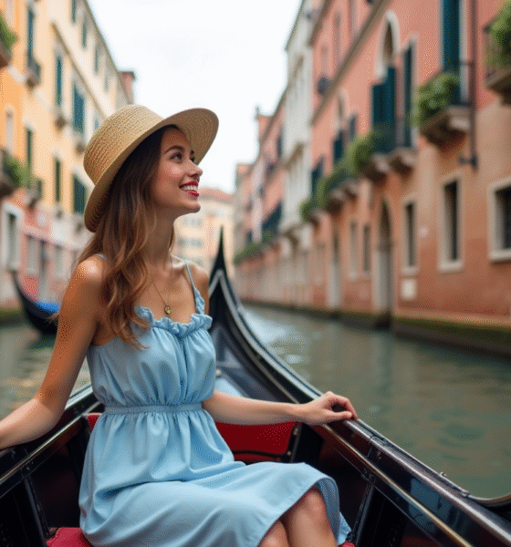 Jeune femme en robe d'été dans une gondole à Venise