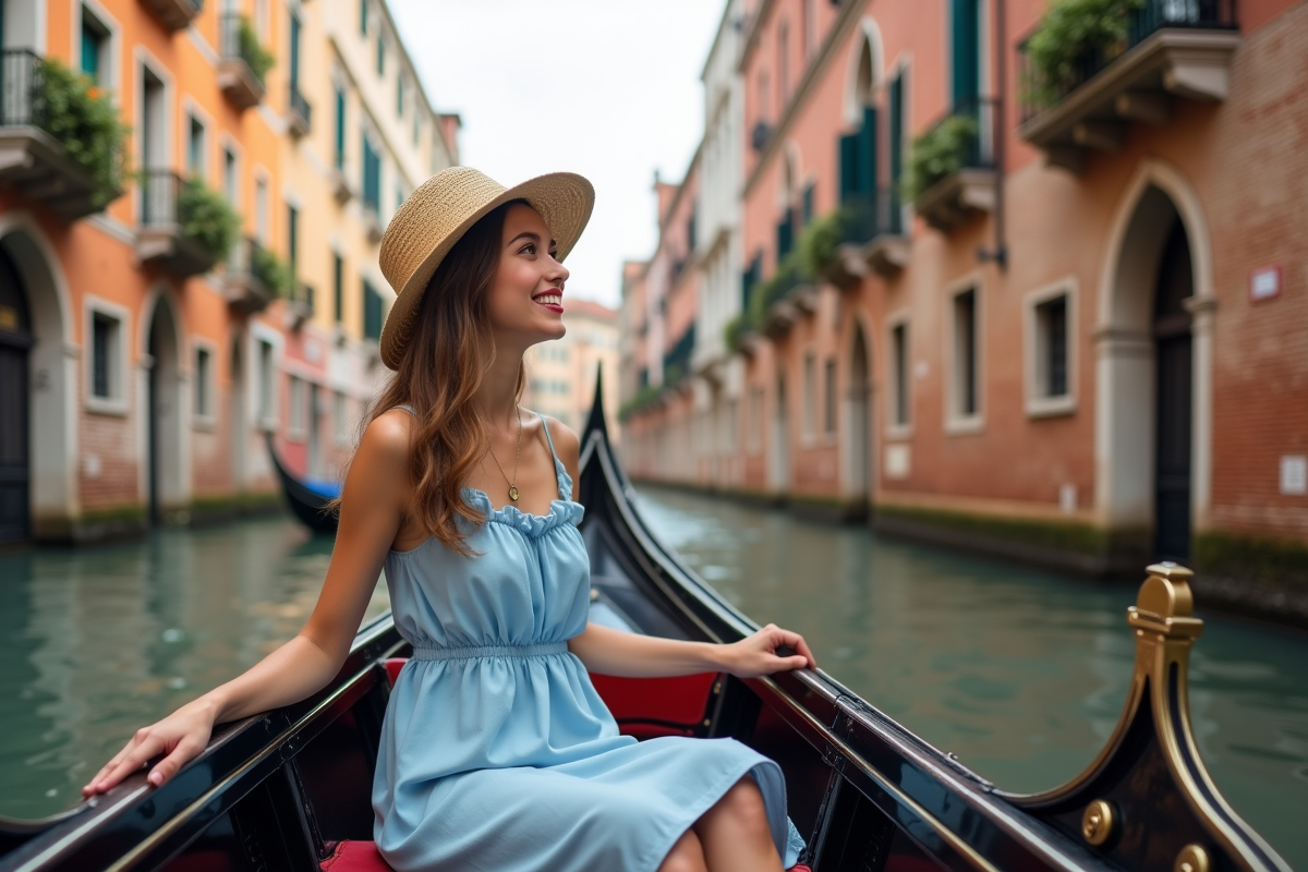 Jeune femme en robe d'été dans une gondole à Venise