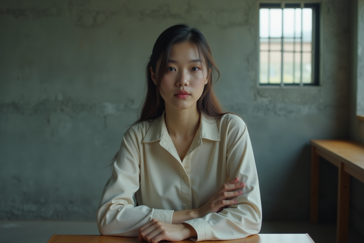 Jeune femme assise dans une pièce institutionnelle