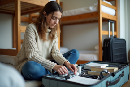 Jeune femme organisant sa valise dans une auberge