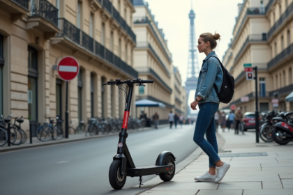 Jeune femme à Paris lisant un panneau réglementaire près d'un scooter électrique