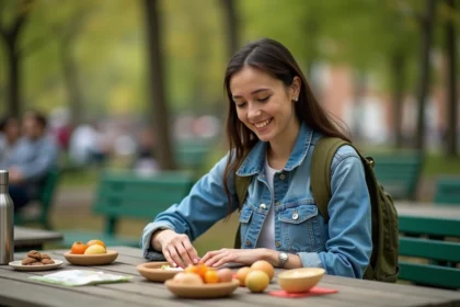 Jeune femme souriante préparant un sac alimentaire réutilisable dans un parc
