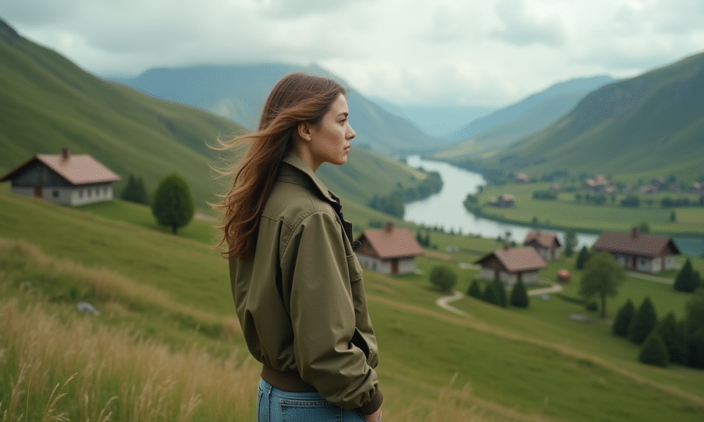Jeune femme regardant la vallée verdoyante en campagne