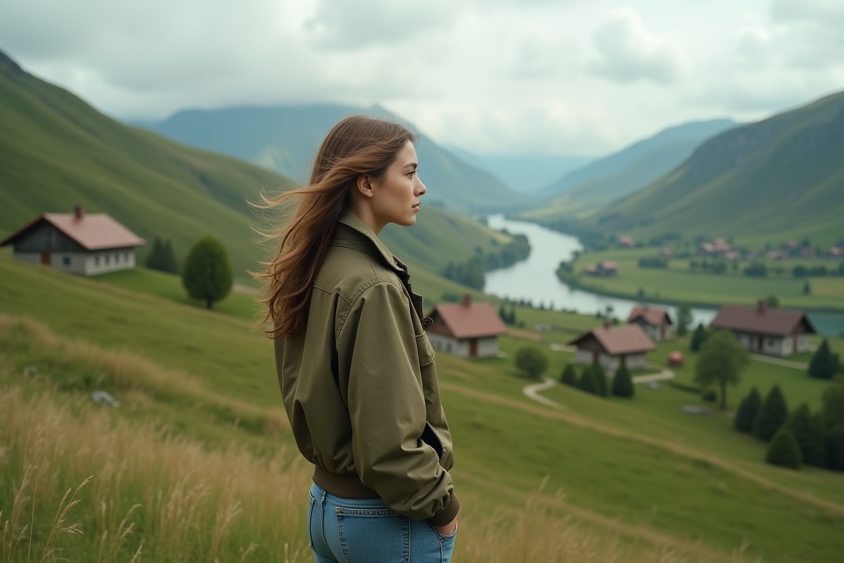 Jeune femme regardant la vallée verdoyante en campagne