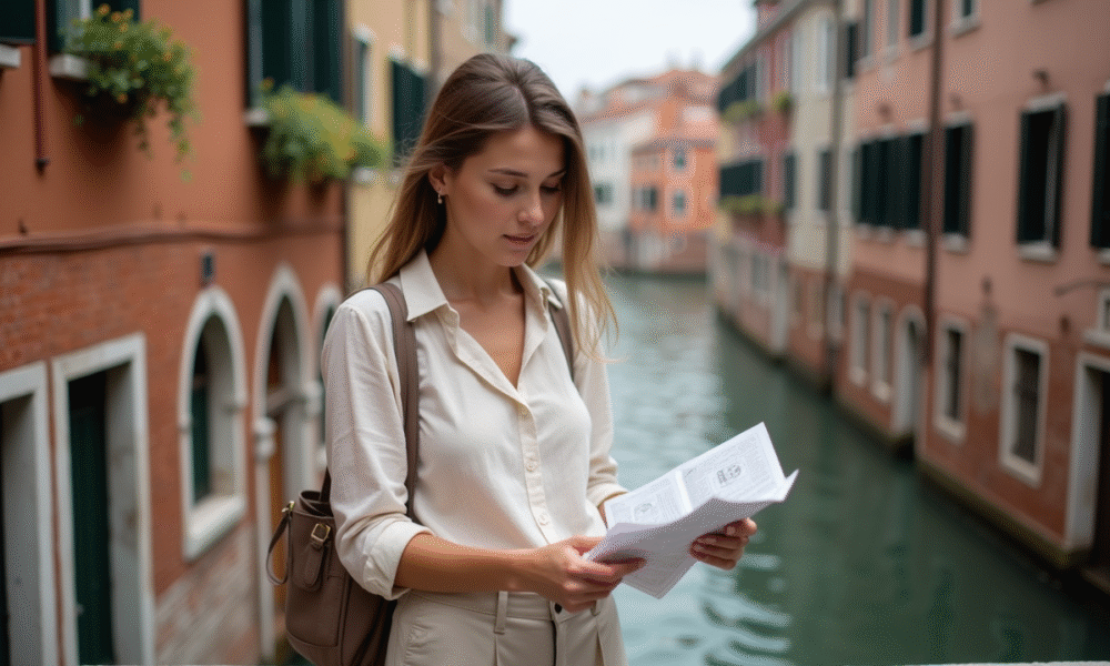 Jeune femme à Venise consulte une carte sur un pont