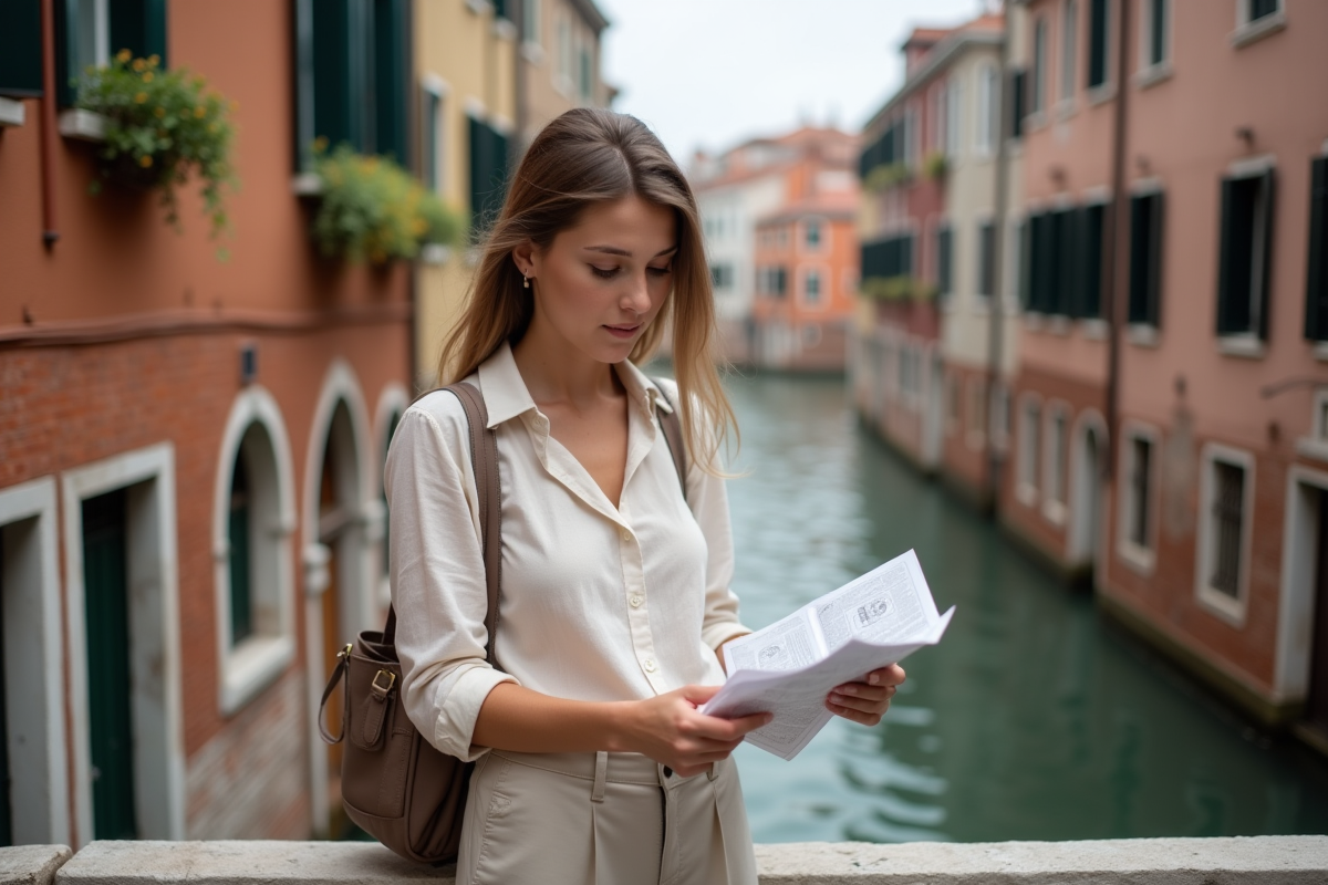 Jeune femme à Venise consulte une carte sur un pont