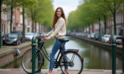 Jeune femme souriante avec vélo vintage dans une ville néerlandaise