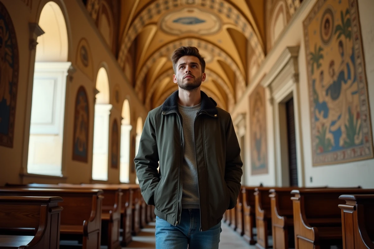 Jeune homme dans la chapelle Palatine contemple les mosaïques
