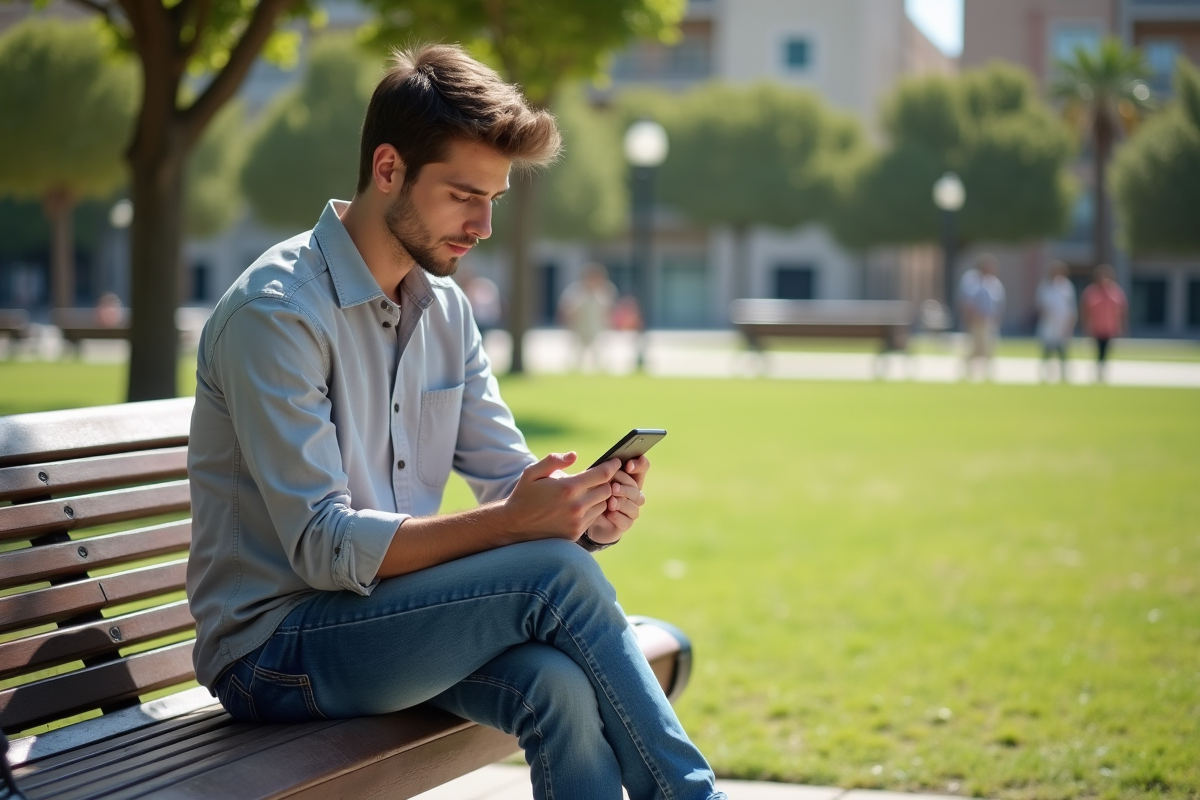 Jeune homme lisant des infos santé dans un parc