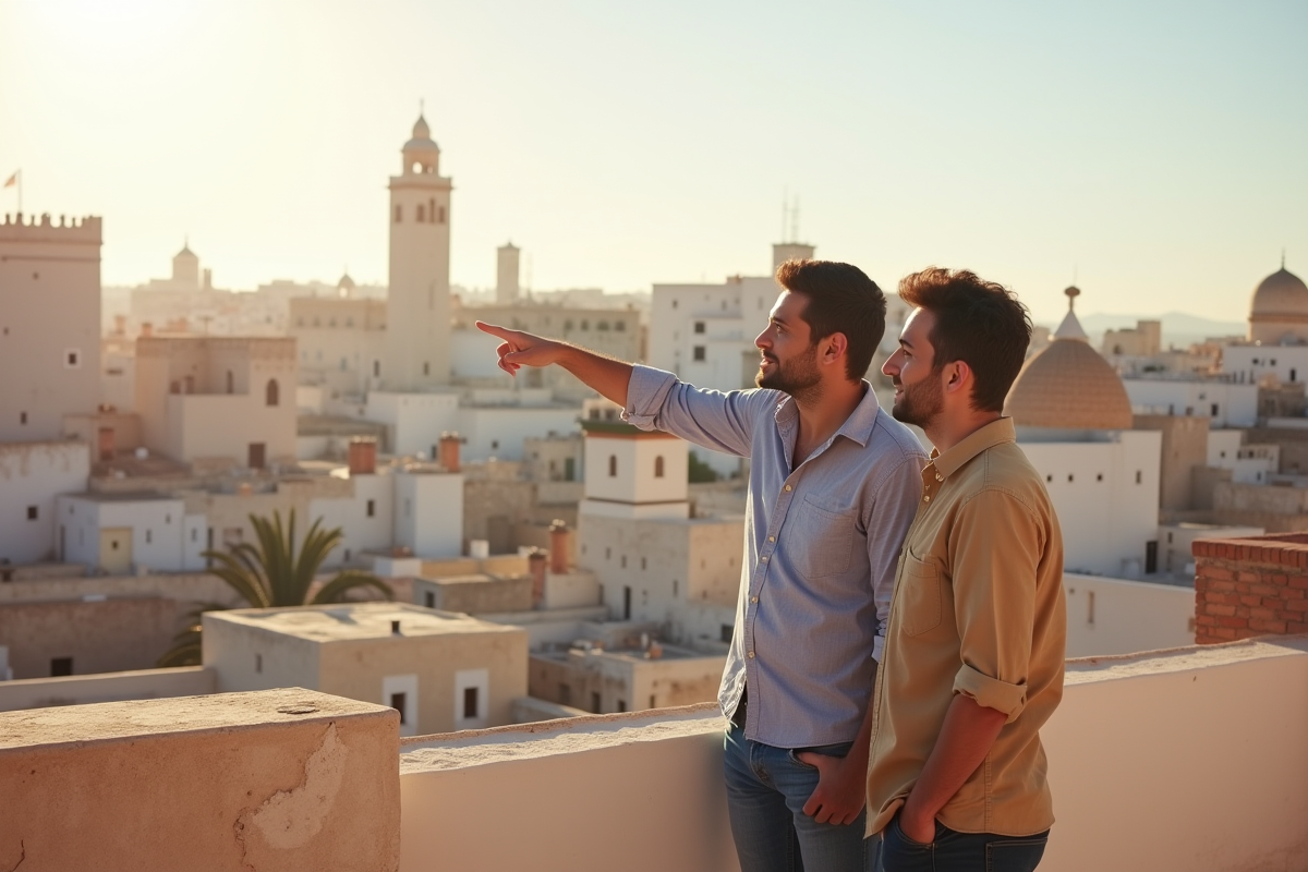 Jeune homme marocain pointant les toits de la medina depuis une terrasse ensoleillée