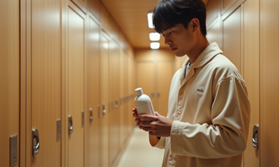 Jeune homme japonais examine un shampoing dans un hôtel capsule