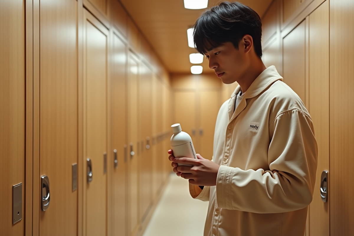 Jeune homme japonais examine un shampoing dans un hôtel capsule