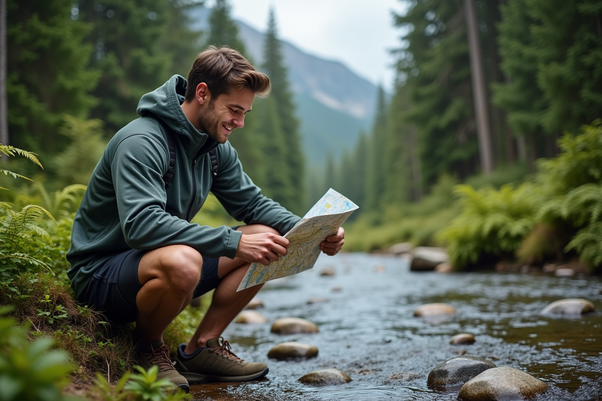 Jeune homme étudie une carte dans la forêt avec ruisseau