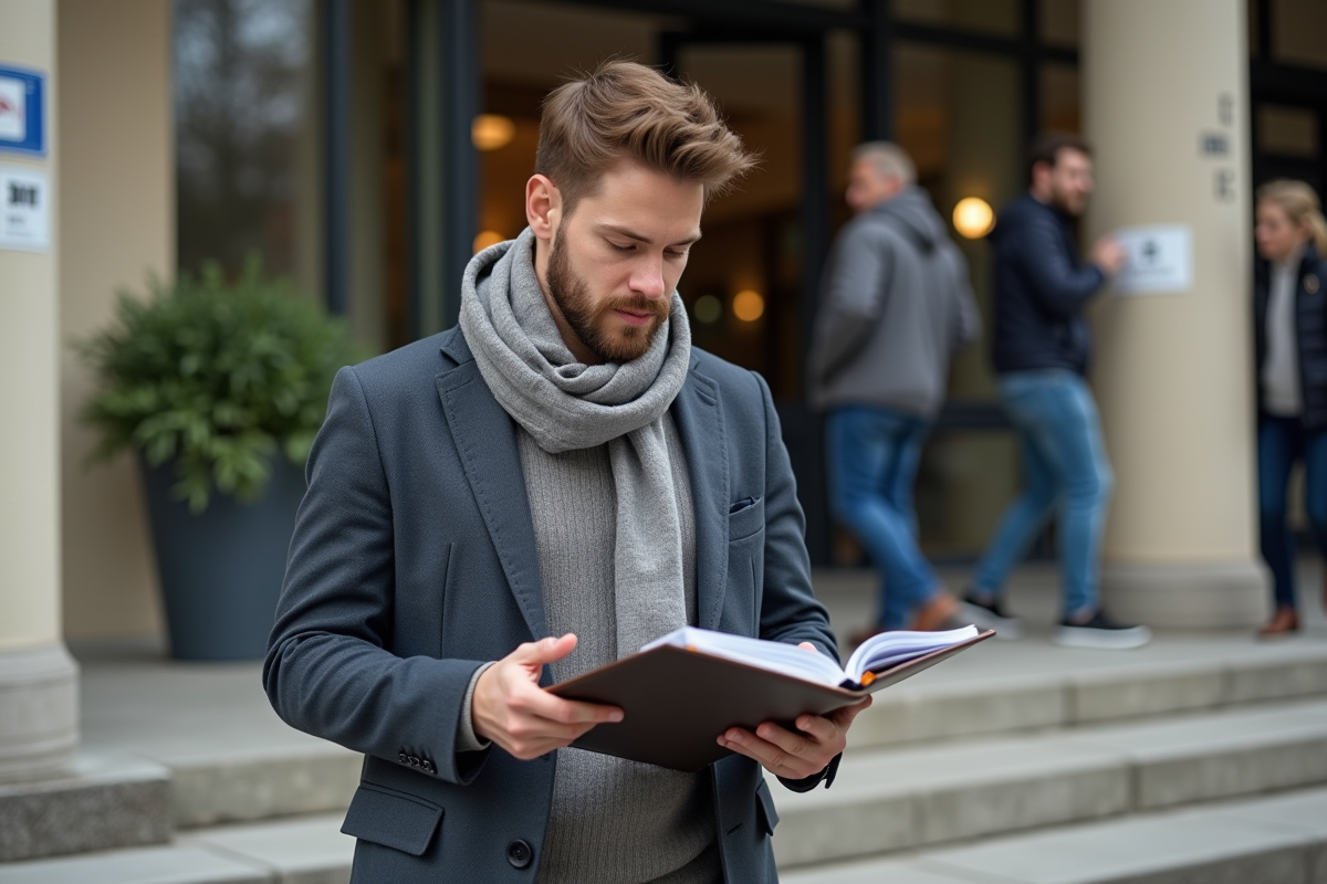 Jeune homme vérifiant un dossier devant un bâtiment public